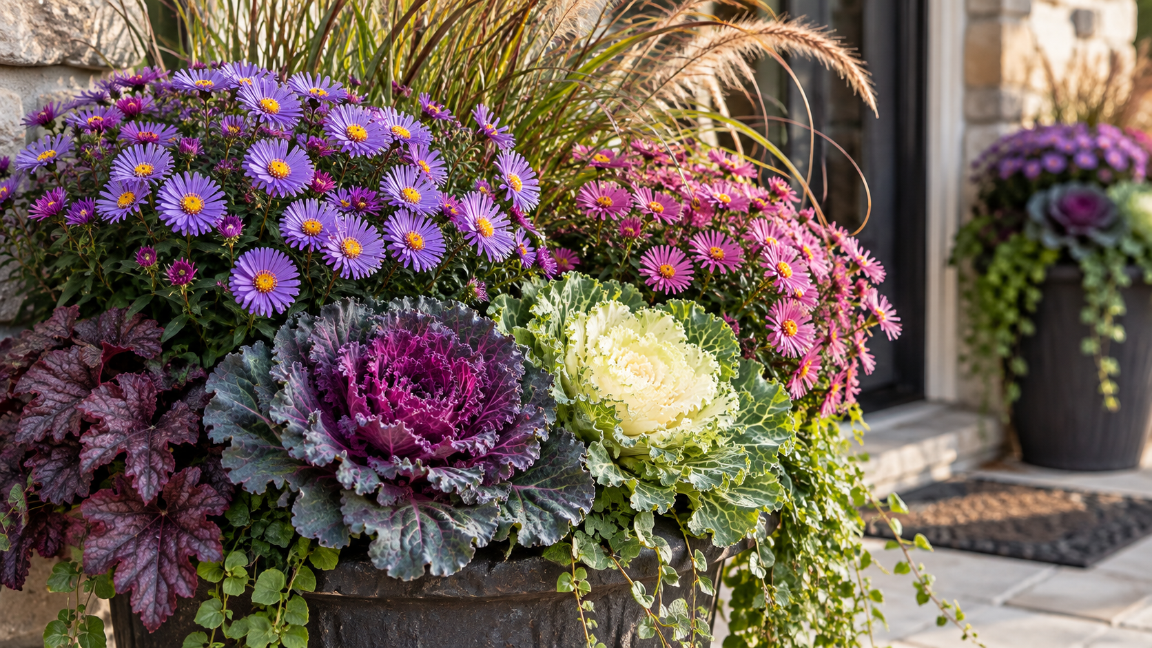 Close-up of a fall container garden with purple and pink asters, ornamental kale and cabbage, trailing greenery, and ornamental grasses near a home entrance.