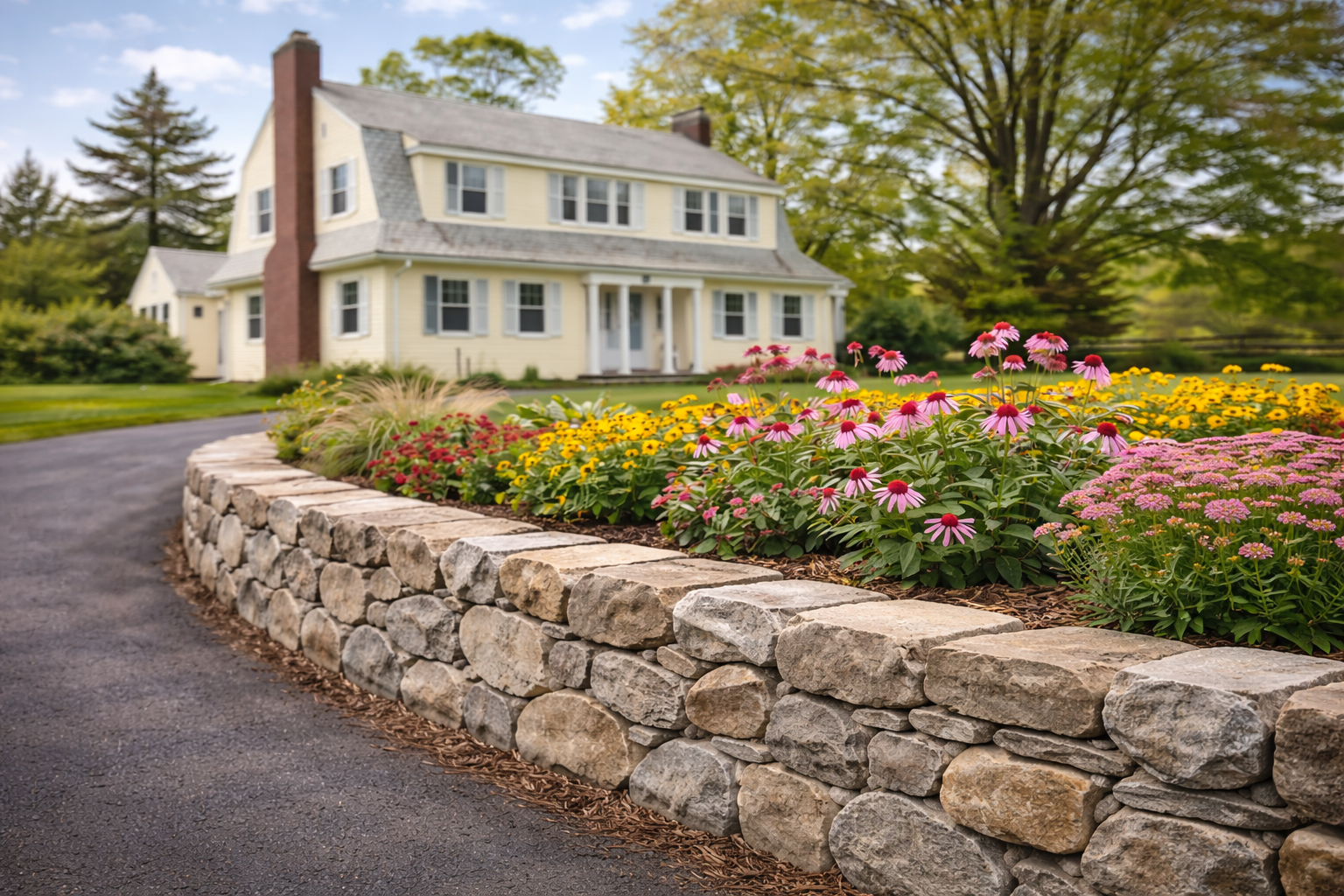 Front yard in Durham, CT featuring a mid-height natural fieldstone wall bordering a driveway and garden bed filled with colorful flowering plants.