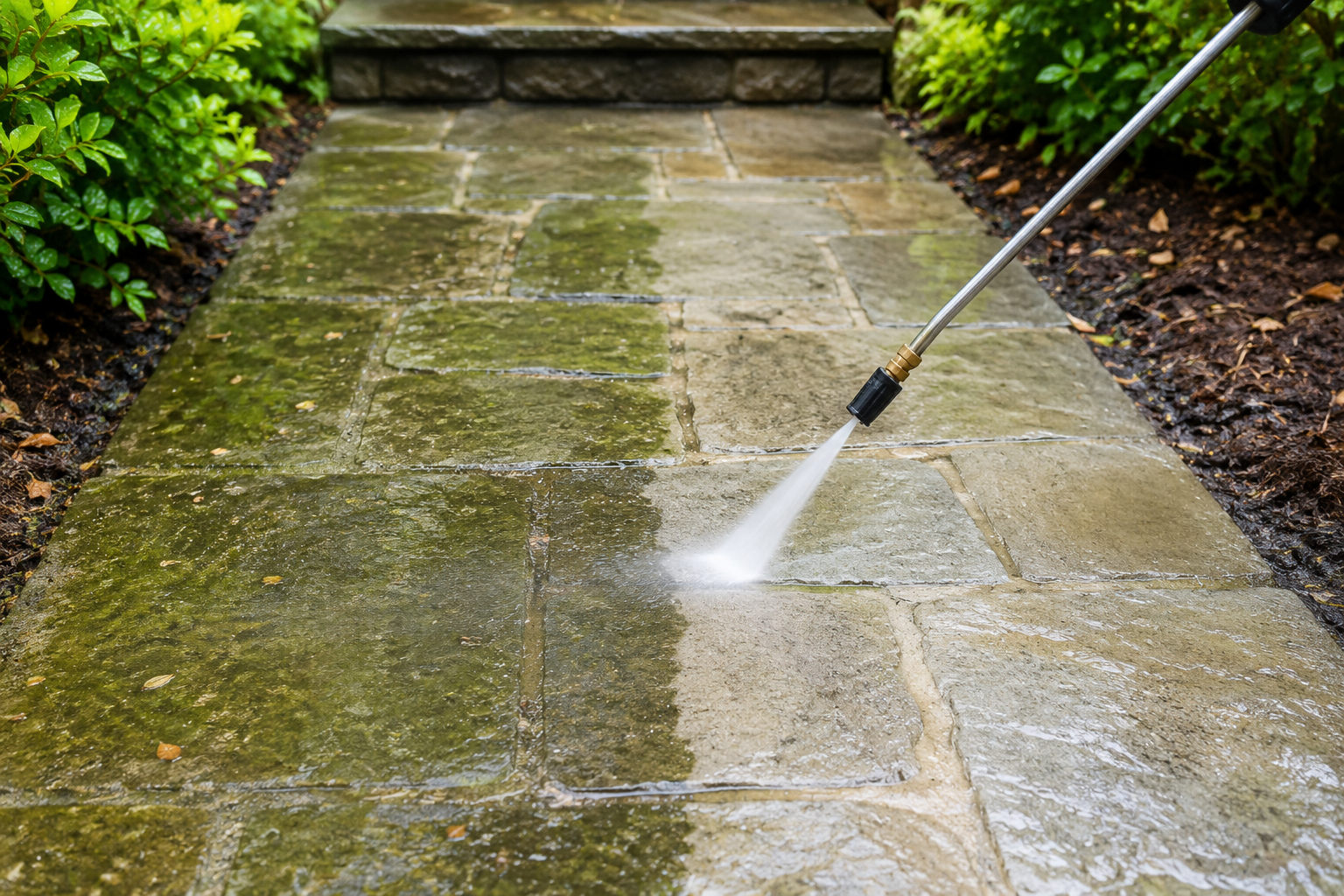 Close-up of a stone walkway being power washed to remove green algae and organic buildup, showing the dramatic contrast between the cleaned natural stone surface and the untreated section surrounded by landscaped garden beds.