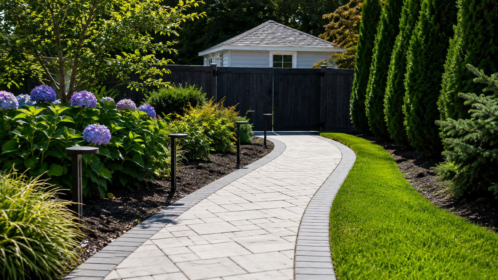 Curved light gray paver walkway bordered by landscaped garden beds, hydrangeas, green lawn, and pathway lights leading to a backyard gate.