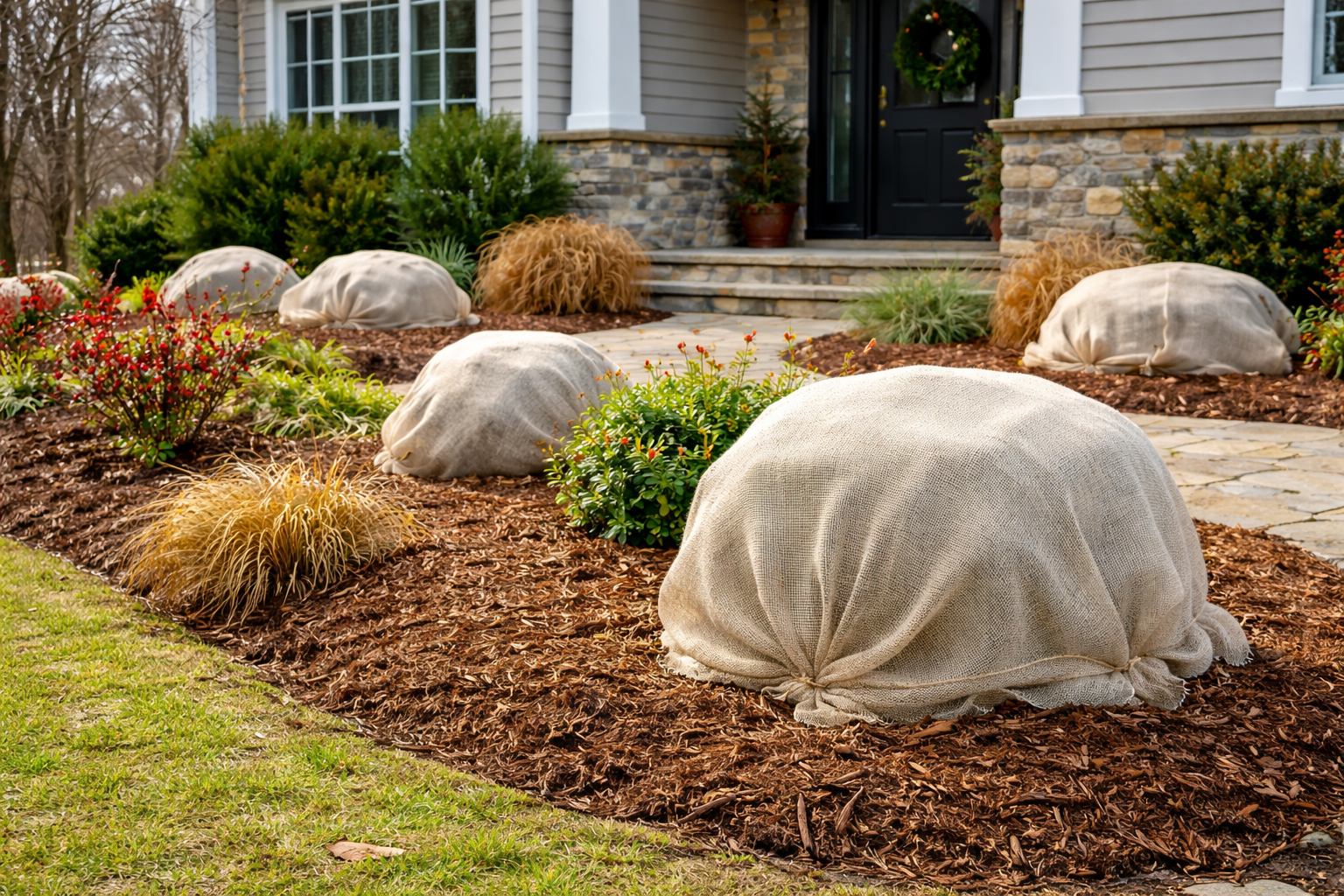 Front yard in Durham, CT with shrubs and perennials covered in breathable fabric and garden beds mulched to protect plant roots during winter.